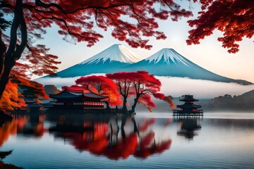 the iconic Mount Fuji shrouded in morning fog, and the vibrant red leaves surrounding Lake Kawaguchiko makes it one of the most picturesque and captivating locations in Japan - obrazy, fototapety, plakaty