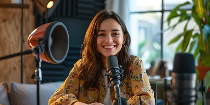 Young smiling woman recording podcast in cozy studio setup. casual youthful podcast host engaging audience. home broadcasting scene. AI