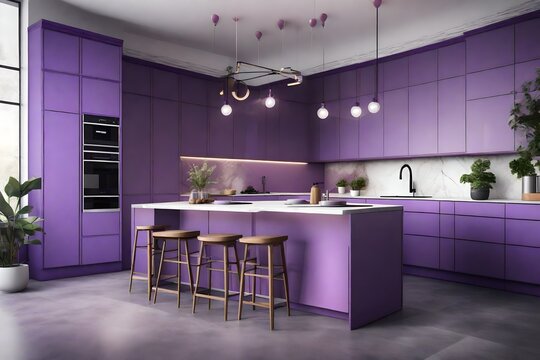 an AI-rendered image of a cutting-edge kitchen interior designed in chic purple hues, showcasing innovative storage solutions, minimalist decor, and a seamless integration of technology