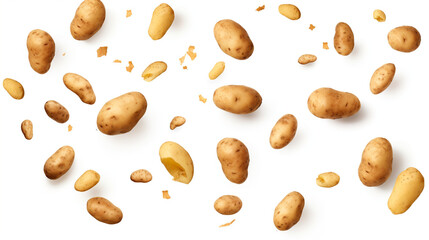 Falling fresh potatoes isolated on transparent or white background сreated with Generative Ai