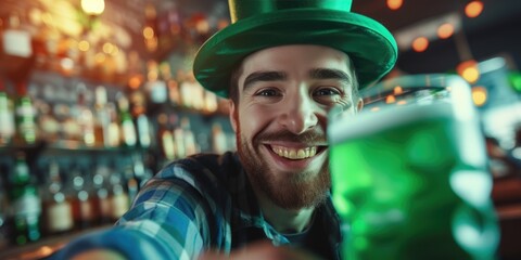 A smiling barman in a green st Patrick's hat serving beer