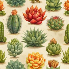 Fototapeta premium Seamless pattern of watercolor cacti on a light background.