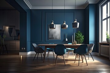 Dinner table in a contemporary apartment with blue walls, seen from the side. idea of a cozy home. a mockup Toned picture