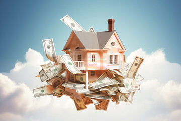 house on bank note float on sky for concept investment mortgage finance and home loan refinance - obrazy, fototapety, plakaty