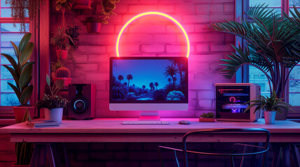 Desk with monitor - Neon lighting - Computer aesthetics.