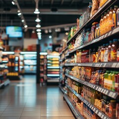 Abstract blurred supermarket aisle with colorful shelves