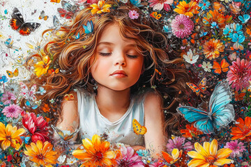 Digital painting of a girl surrounded by flowers and butterflies generative ai