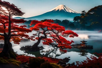 Fototapeta na wymiar the iconic Mount Fuji shrouded in morning fog, and the vibrant red leaves surrounding Lake Kawaguchiko makes it one of the most picturesque and captivating locations in Japan