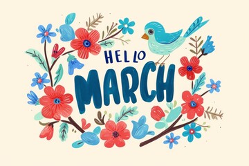 Hello March sign with cartoon plants and birds Generative AI