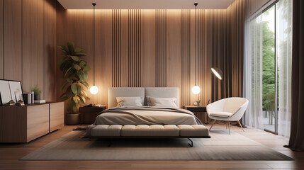 A contemporary bedroom with a statement wall, unique lighting, and a mix of textures for visual interes	