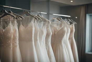 Beautiful elegant luxury bridal dress on hangers White wedding dresses hanging on hanger in bridal s