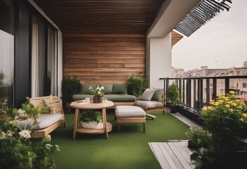 Beautiful of modern terrace with wood deck flooring and fence green potted flowers plants and outdoo