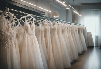 Beautiful elegant luxury bridal dress on hangers White wedding dresses hanging on hanger in bridal s
