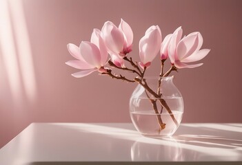 Beautiful pink magnolia flower in transparent glass vase standing on white table sunlight on pastel