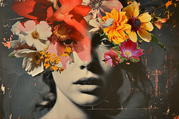 Abstract contemporary art collage portrait of young woman with flowers on face