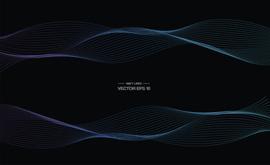 Vector wavy lines pattern smooth curve flowing dynamic blue purple pink gradient light isolated on black background for concept of technology, digital, communication, science, music.