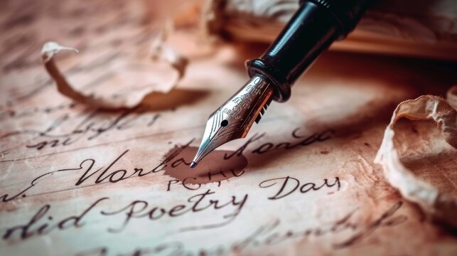 fountain pen over parchment with text written in ink world poetry day