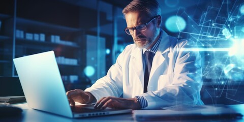 Medicine doctor holding electronic medical records on tablet. DNA. Digital healthcare and network connection on hologram modern virtual screen interface, medical technology, and futuristic concept