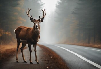 Deer standing on the road near the forest on a misty foggy morning Road hazards wildlife and transpo