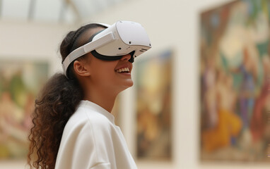 Young woman student wearing a virtual reality headset using it to visualize a museum art gallery with paintings, virtual museum tour concept.