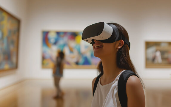 Young woman student wearing a virtual reality headset using it to visualize a museum art gallery with paintings, virtual museum tour concept.