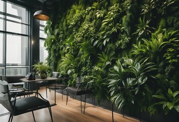 Green living wall with perennial plants in modern office Urban gardening landscaping interior design