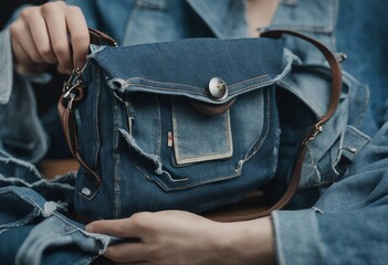 Handbag made from old jeans on dressmaker table DIY denim upcycling using old jeans upcycle denim st - Powered by Adobe