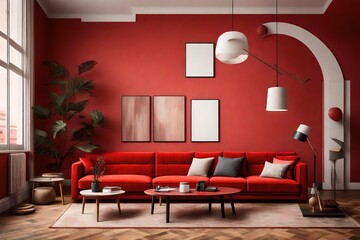 a visually appealing AI poster showcasing a red living room wall adorned with a stylish contemporary sofa and complementary furnishings, creating an ideal interior design concept