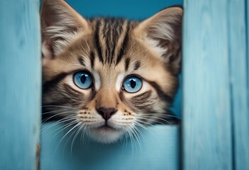 Kitten head with paws up peeking over blue wooden background Little tabby cat curiously peeking out