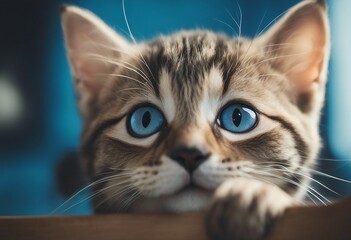 Kitten head with paws up peeking over blue wooden background Little tabby cat curiously peeking out