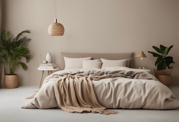 Fototapeta na wymiar Modern house interior details Simple cozy beige bedroom interior with bed headboard linen bedding be