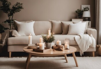 Fototapeta na wymiar Modern house interior details Simple cozy beige living room interior with white sofa decorative pill