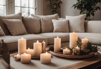 Fototapeta na wymiar Modern house interior details Simple cozy beige living room interior with white sofa decorative pill