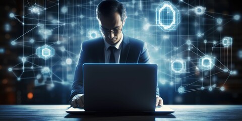 Blockchain technology concept, Businessman use laptop and tablets for blockchain global networking, data network connect, and Internet security binary coded. Crypto chain