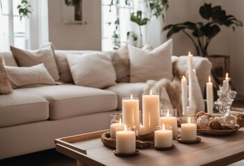 Modern house interior details Simple cozy beige living room interior with white sofa decorative pill