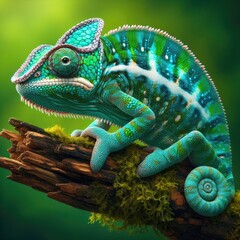 A vibrant and colorful chameleon perched on a branch with a mix of green, blue, and white colors with intricate patterns across its body