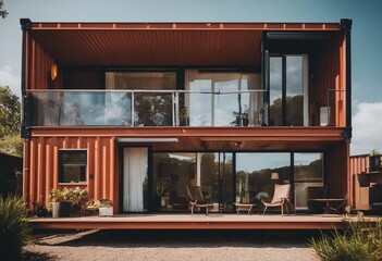Modern shipping container house home tiny house in sunny day Shipping container houses is sustainabl