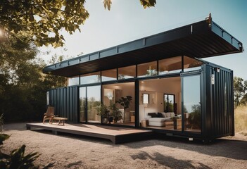 Modern shipping container house home tiny house in sunny day Shipping container houses is sustainabl