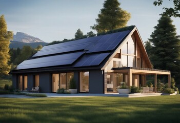 New suburban house with a photovoltaic system on the roof Modern eco friendly passive house with sol - obrazy, fototapety, plakaty