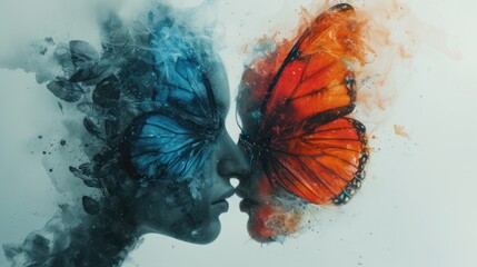 Psychological image of a woman with a double butterfly face overlay effect with an orange and blue wing. People with bipolar disorder - obrazy, fototapety, plakaty