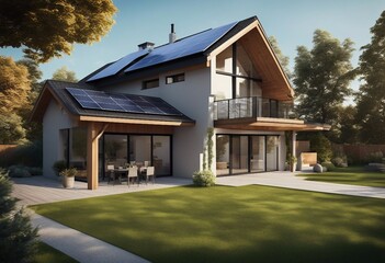 New suburban house with a photovoltaic system on the roof Modern eco friendly passive house with sol - obrazy, fototapety, plakaty