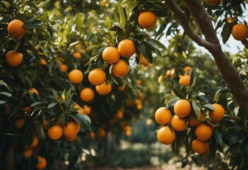 Orange garden in sunny day Fresh ripe oranges hanging on trees in orange garden Details of Spain