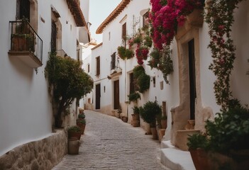 Fototapeta na wymiar Picturesque narrow street in Spanish city old town Typical traditional whitewashed houses with bloom