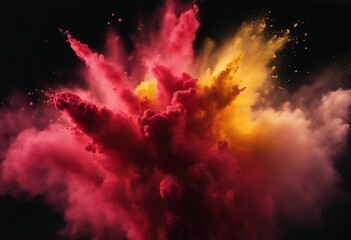 Red and yellow colored powder explosions on black background Holi paint powder splash in colors of S - obrazy, fototapety, plakaty