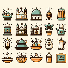 Set of Islamic doodle element related to holly Ramadan. Illustration vector graphic. Design concept Islamic symbols and icons. Perfect for holy Muslim festival Ramadan.