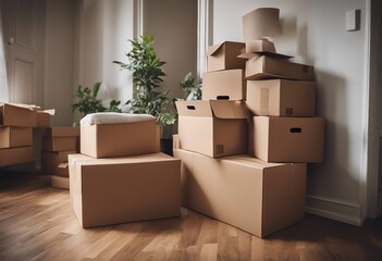 Stack of cardboard boxes with household belongings on wooden floor in living room of old classical s