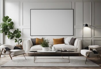 Stylish living room interior of modern apartment with white sofa potted plants and mockup of blank w