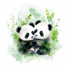 Two little panda bears with bamboo leaves contour on background. Cute little animals hug each other with love. Watercolor style, AI generated. Card with lovely illustration. - 724887105