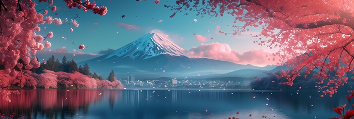 Panele Szklane  art of fuji mountains in japan, sakura pink leaves in nature generated ai