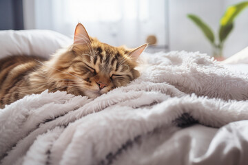 Cat is sleeping on fluffy duvet. Comfortable sleep in modern bedroom. Cute pet has a nap on couch. Tranquil scene with domestic animal.  - 724887146